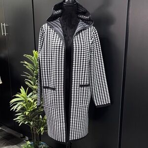 Alexa Rae Open Front hooded, houndstooth pattern,long length,slit side,cardigan